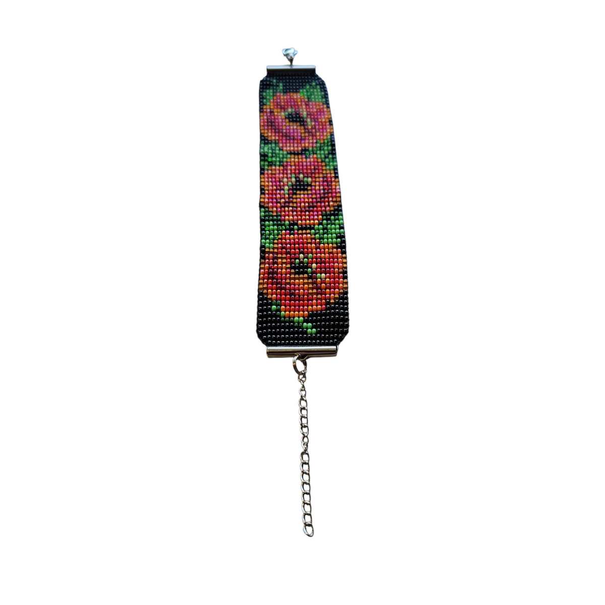 Handmade loomed bead bracelet with rose and poppy flowers on black, alternate view with long extender chain