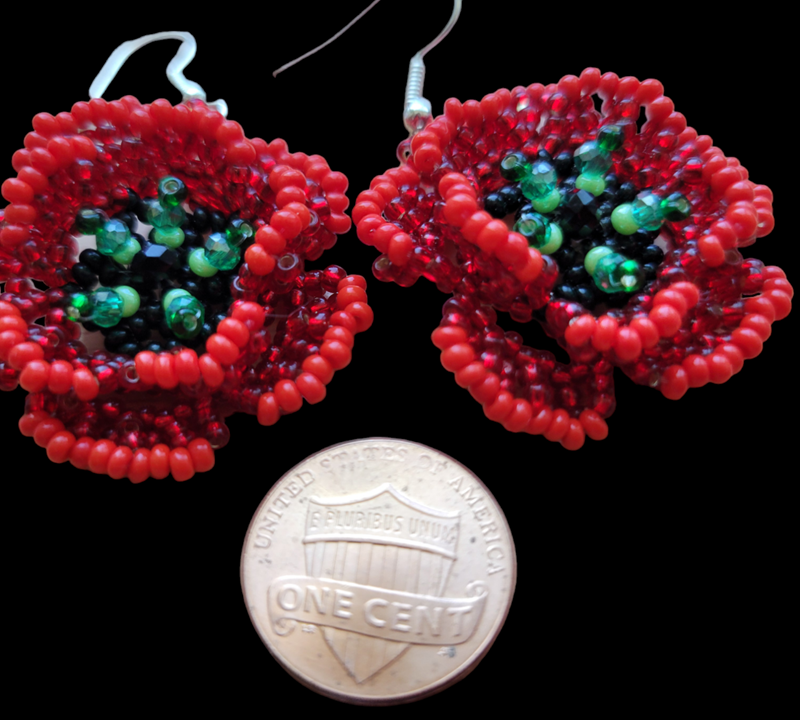 Red beaded flower earrings with a penny for scale, handmade glass seed bead petals