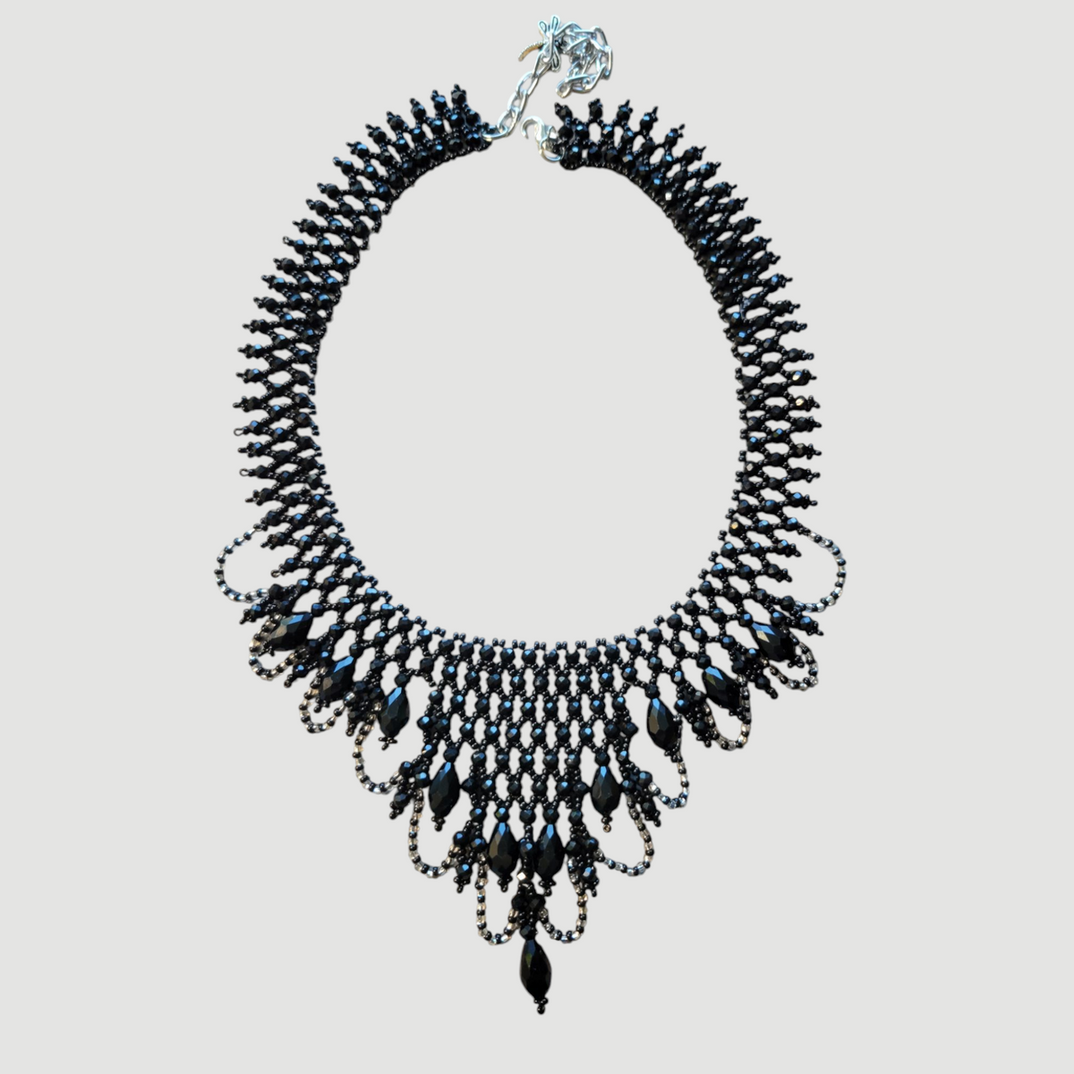 Black beaded Victorian choker with scalloped netting, teardrop crystals and silver extender chain
