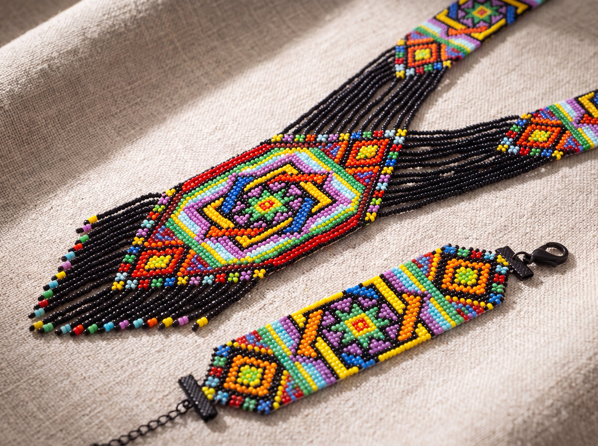 Flat lay of a handmade beaded mandala gerdan necklace and matching multicolor bracelet with geometric star pattern on natural linen.