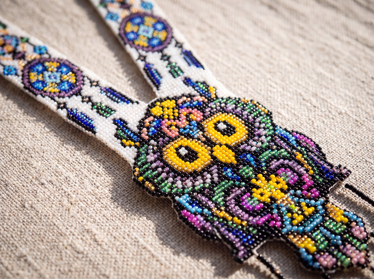 Close-up of a handmade beaded owl gerdan necklace showing the multicolor owl with golden eyes and white straps with blue floral medallions