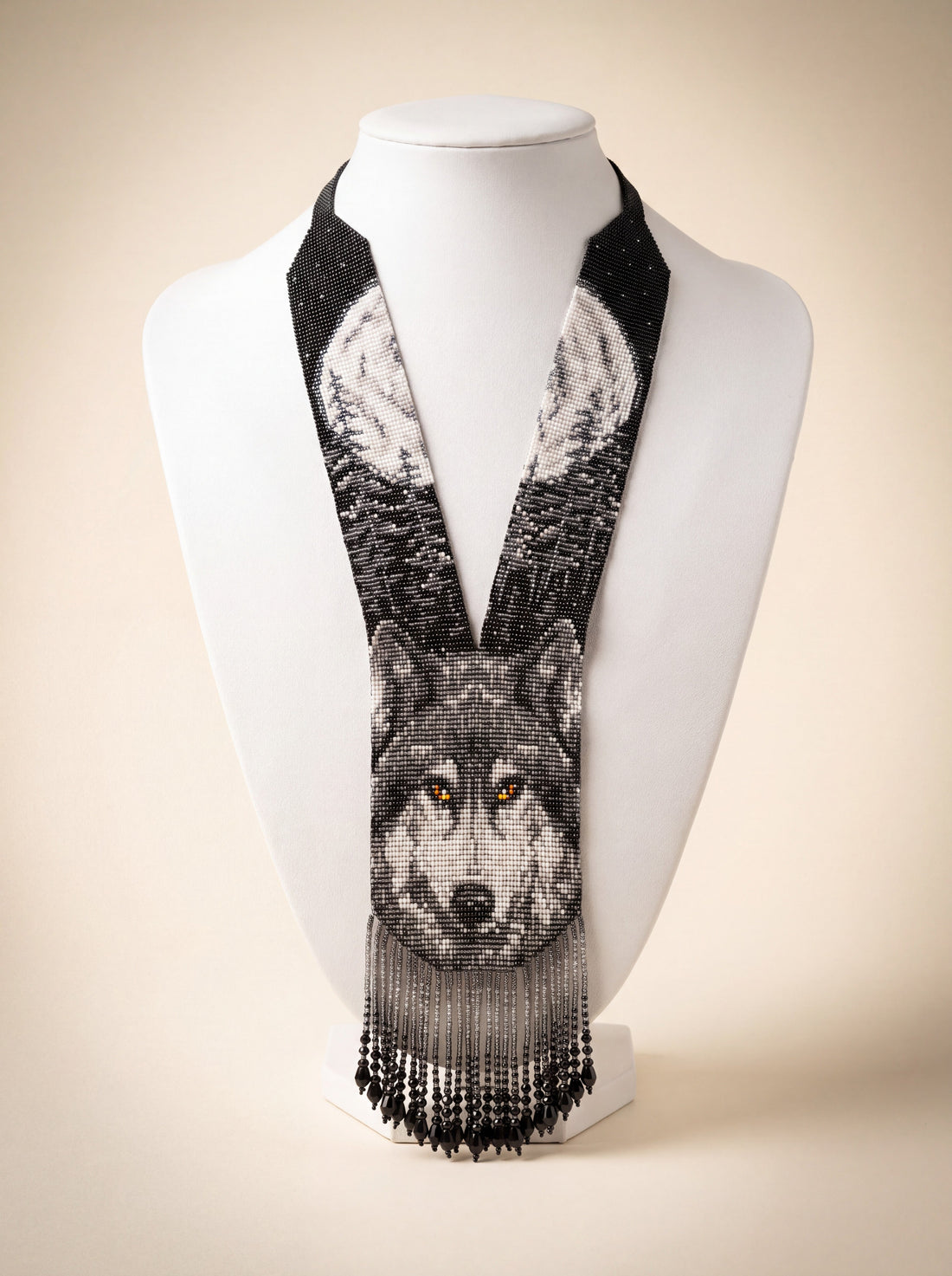 Handmade loomed gerdan necklace with wolf motif, beaded in Ukraine