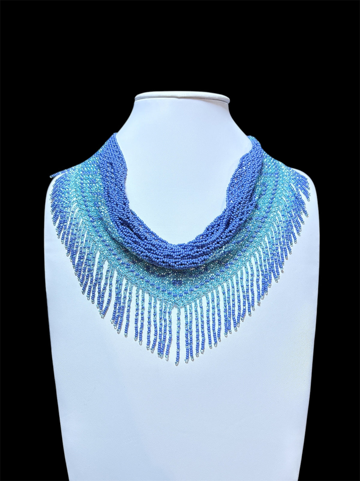 Beaded scarf necklace in periwinkle and aqua blue draped in soft cowl folds, handmade seed bead work