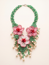 Statement beaded necklace with 3D pink blossoms, pearls and green leaves, handmade Ukrainian floral design