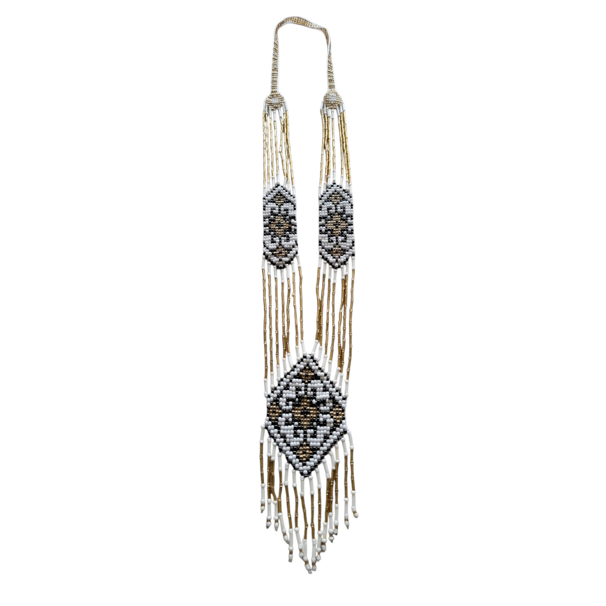 White, gold and black loomed gerdan necklace with long beaded fringe, product view on white