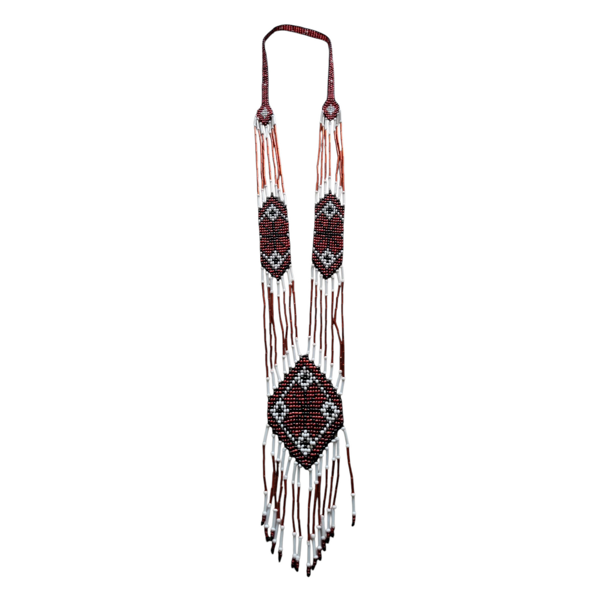 Burgundy and white handmade gerdan necklace with copper bead strands and diamond centerpiece