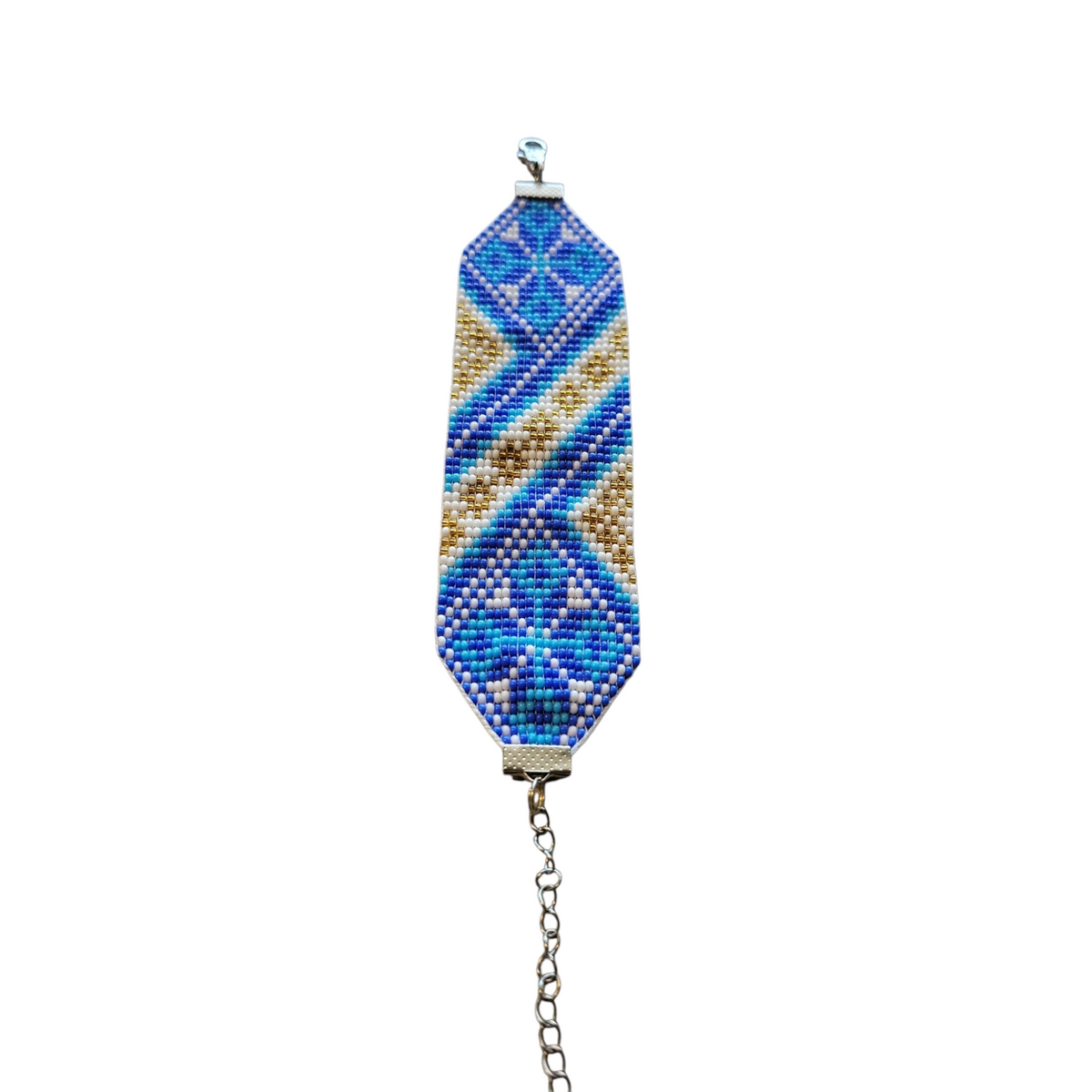 Handmade loomed bracelet in blue, turquoise, gold and cream diamond pattern, pointed ends with lobster clasp