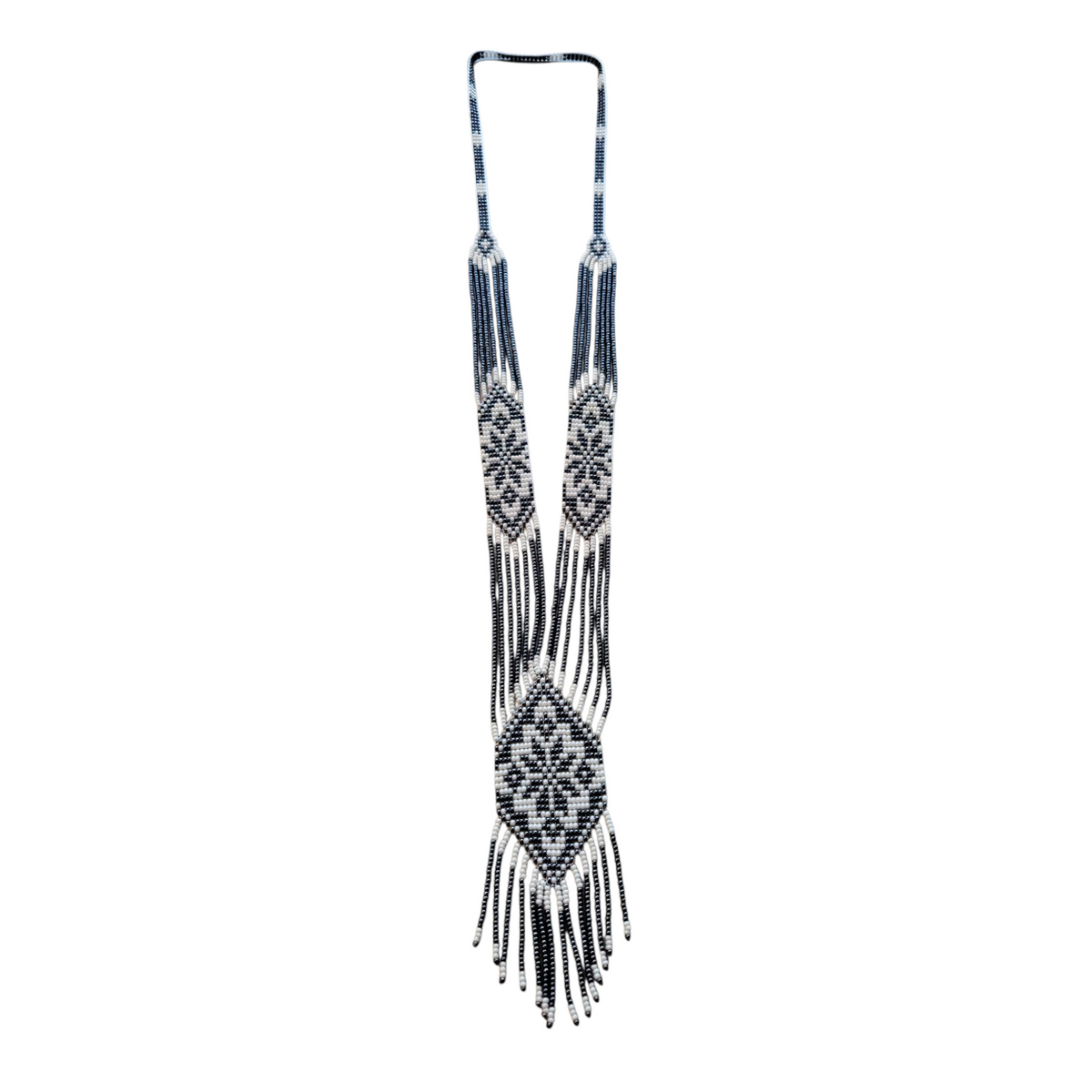 Hematite black and white glass seed bead gerdan necklace with Ukrainian folk star pattern