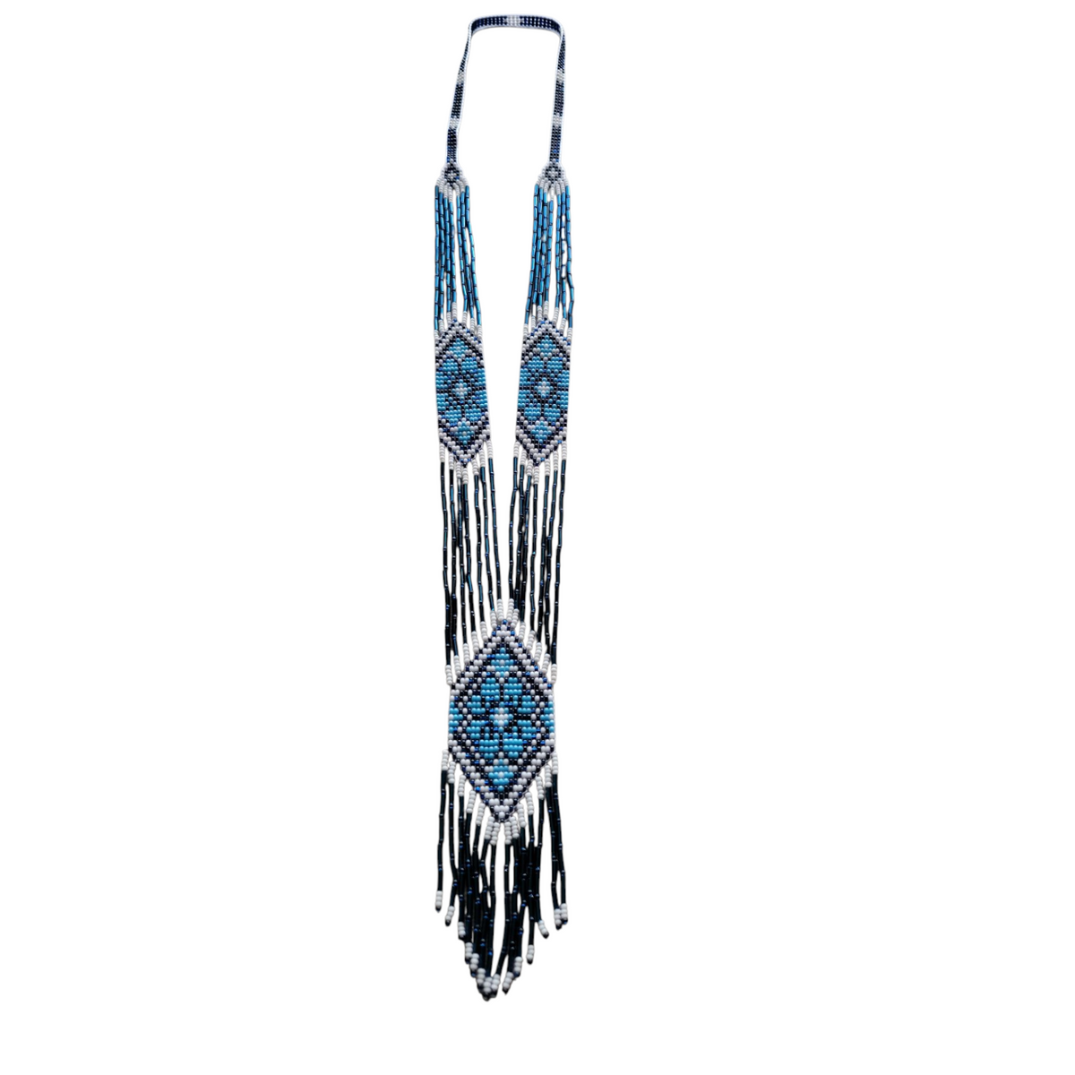 Blue, navy and white beaded gerdan necklace "Gerdan S" with diamond medallions on a white background