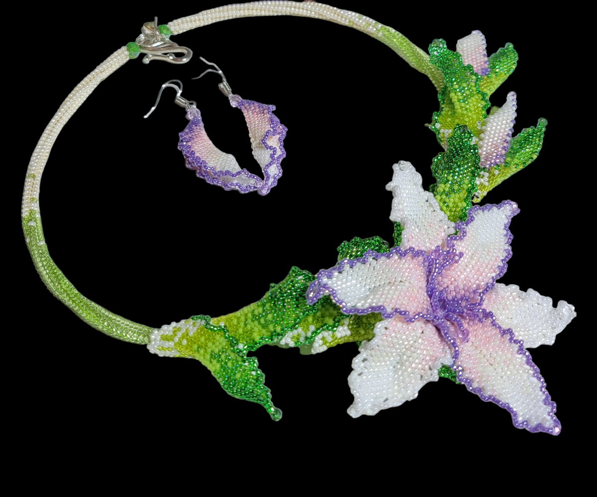 Beaded necklace with 3D white and pink lily flower and matching earrings, woven from tiny seed beads