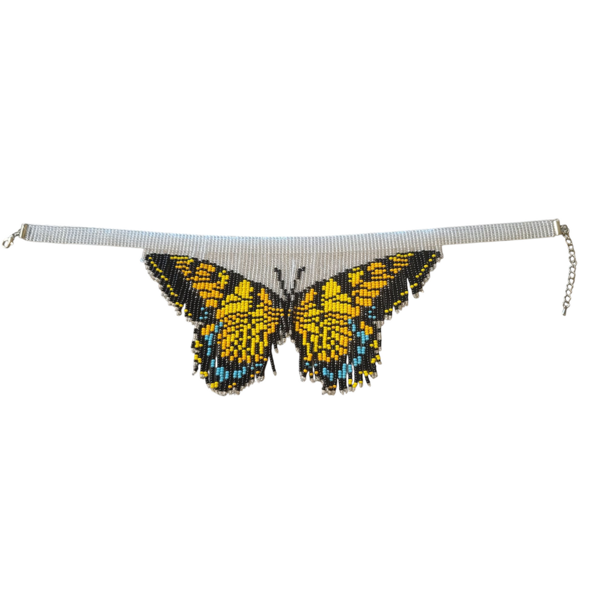 Butterfly fringe choker woven from yellow, black and blue seed beads in a swallowtail wing design