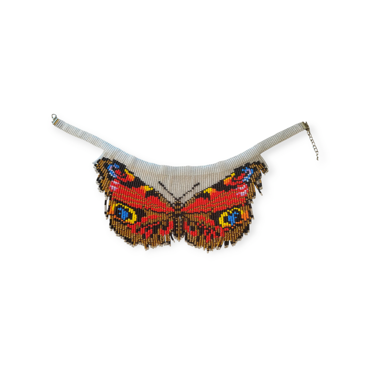 Handmade butterfly choker necklace beaded in red, orange, gold and black peacock butterfly pattern on white