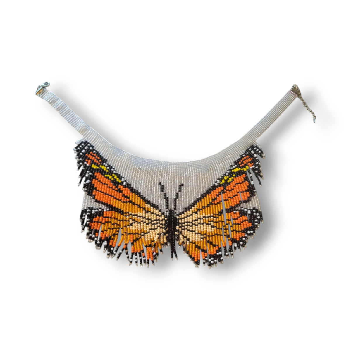 Beaded choker with monarch butterfly wings in orange, black and cream fringe, silver clasp and chain