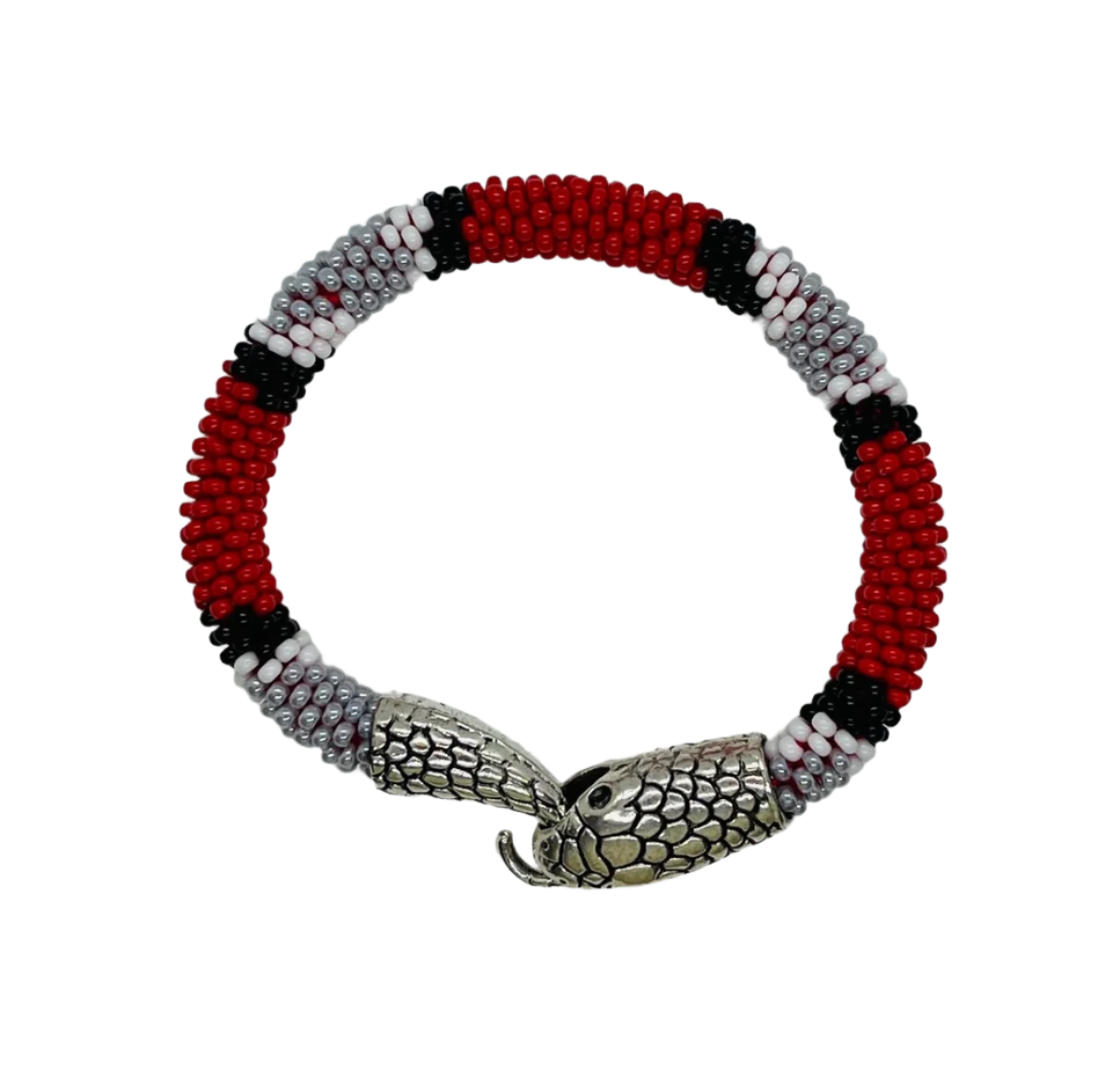 Beaded "Snake" bracelet in red, gray, white and black stripes, silver snake hook clasp, cutout on plain white