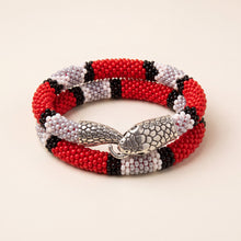 Handmade bead crochet snake wrap bracelet in red, black and white glass seed beads with silver snake head