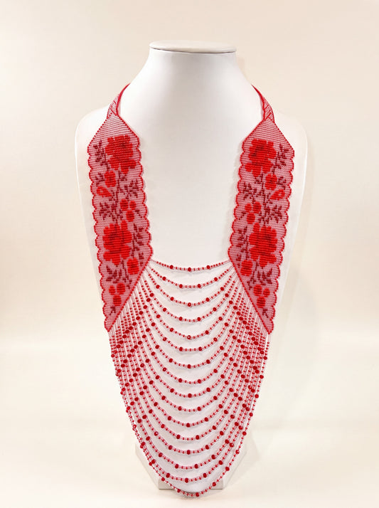 Handmade beaded necklace in Ukrainian folk style with red rose lace panels and draped scarlet bead strands