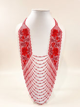 Handmade beaded necklace in Ukrainian folk style with red rose lace panels and draped scarlet bead strands
