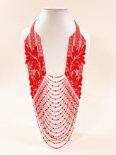 Handmade beaded necklace with red leaf lace panels and layered draped bead strands, Ukrainian folk style