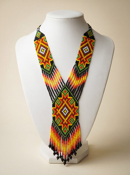 Handmade beaded gerdan necklace with orange, yellow and green geometric star motif on black