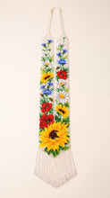 Handmade beaded gerdan necklace with sunflowers, poppies, daisies and cornflowers on white, crystal fringe
