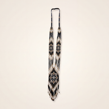 Handmade beaded gerdan necklace in black, gold and white glass seed beads with diamond medallions and fringe