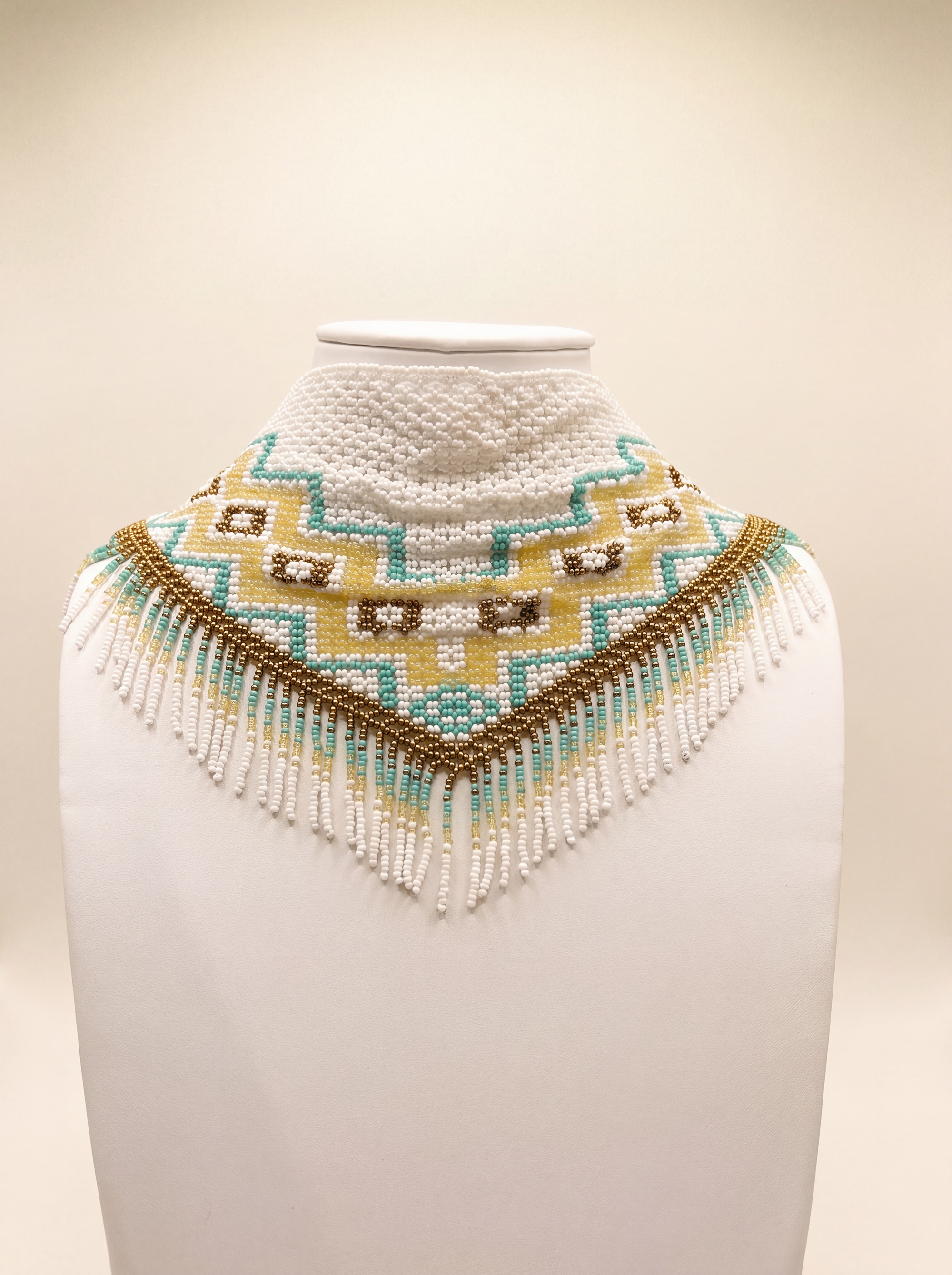 Handmade beaded scarf collar of glass seed beads in white, turquoise, yellow and gold with long fringe