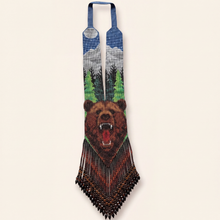 Handmade beaded gerdan necklace with roaring bear, moonlit mountains and pine forest, long beaded fringe