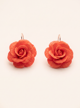 Big rose flower earrings handmade from polymer clay, coral red blooms on gold-tone hooks