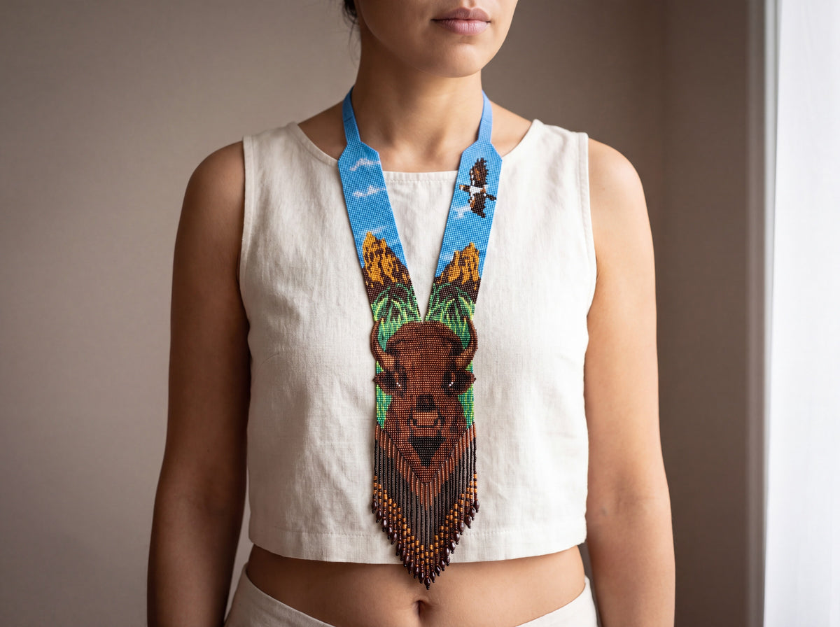Handmade beaded gerdan necklace featuring a buffalo, eagle, mountains and sky with long fringe, worn on a model over a cream linen top