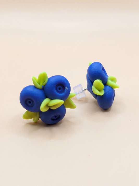 Blueberry stud earrings handmade from polymer clay, blue berry clusters with green leaves