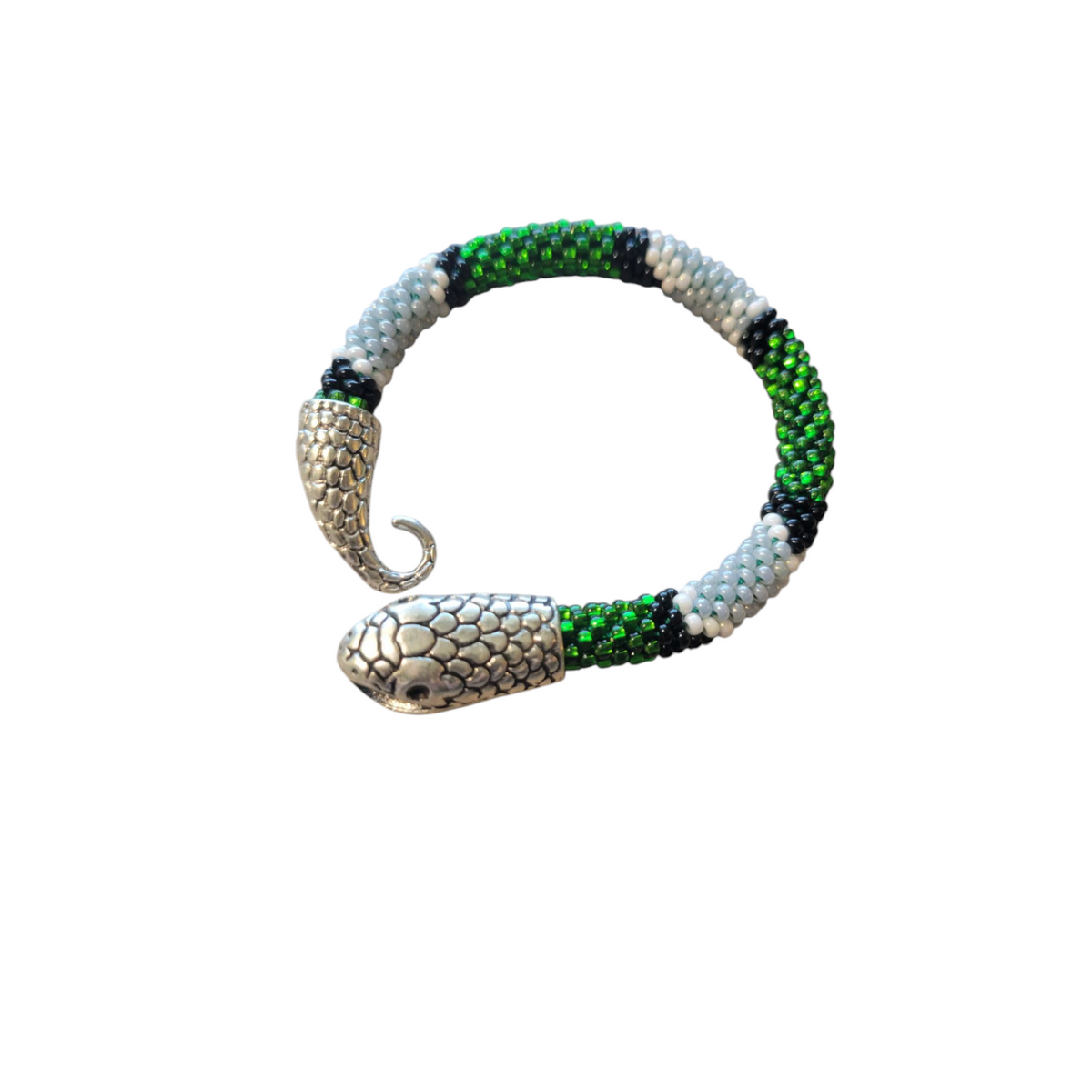 Handmade beaded snake bracelet in emerald green, white and black with silver snake head, on white background