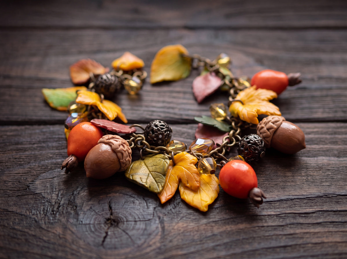 Flat lay of a handmade autumn bracelet with red dog-rose hips, acorns, golden and green leaves and amber crystals on dark wood.