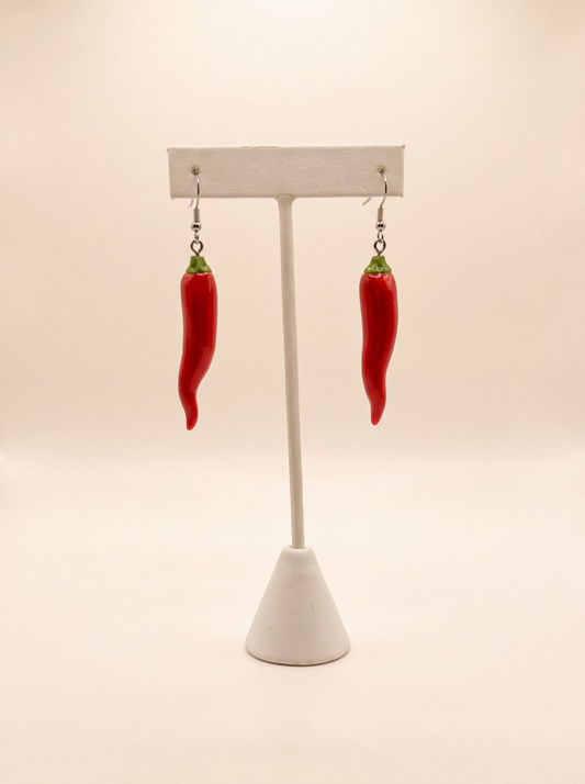 Handmade red chili pepper earrings on silver hooks, glossy hot pepper charms with green stems