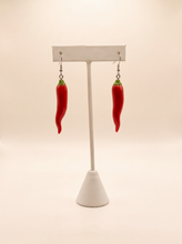 Handmade red chili pepper earrings on silver hooks, glossy hot pepper charms with green stems
