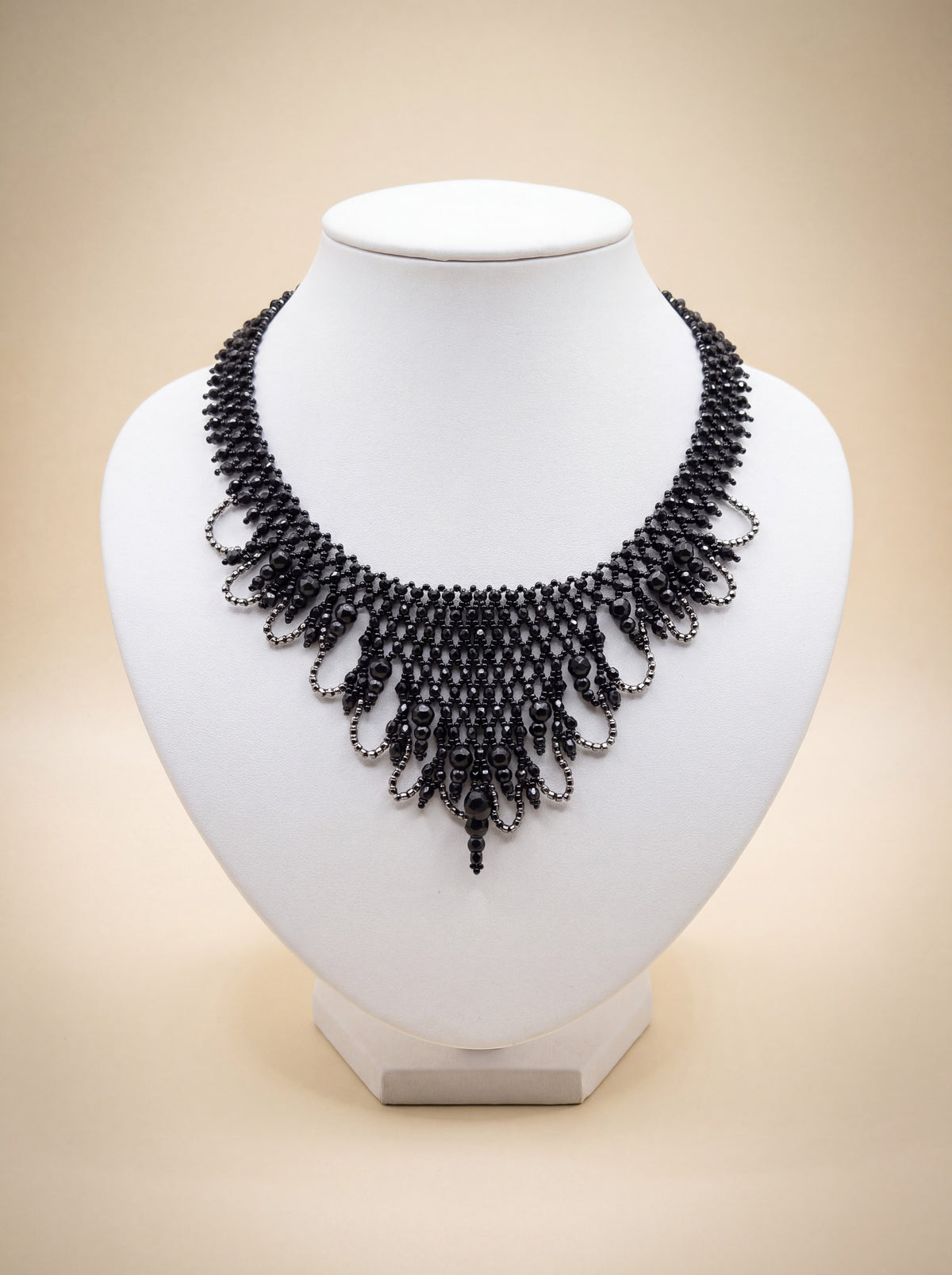 Black beaded Victorian-style choker with cascading fringe loops, handmade beadwork, silver-tone accents
