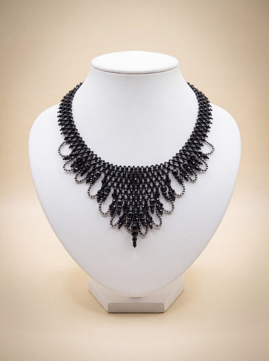Black beaded Victorian-style choker with cascading fringe loops, handmade beadwork, silver-tone accents