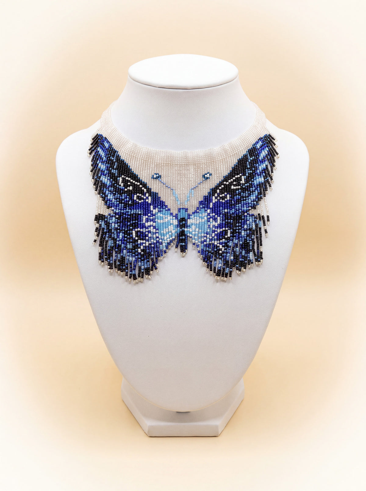 Blue and black beaded butterfly choker with ombre fringe wings, handmade beadwork necklace