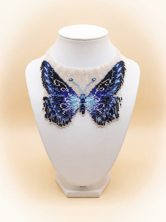 Blue and black beaded butterfly choker with ombre fringe wings, handmade beadwork necklace