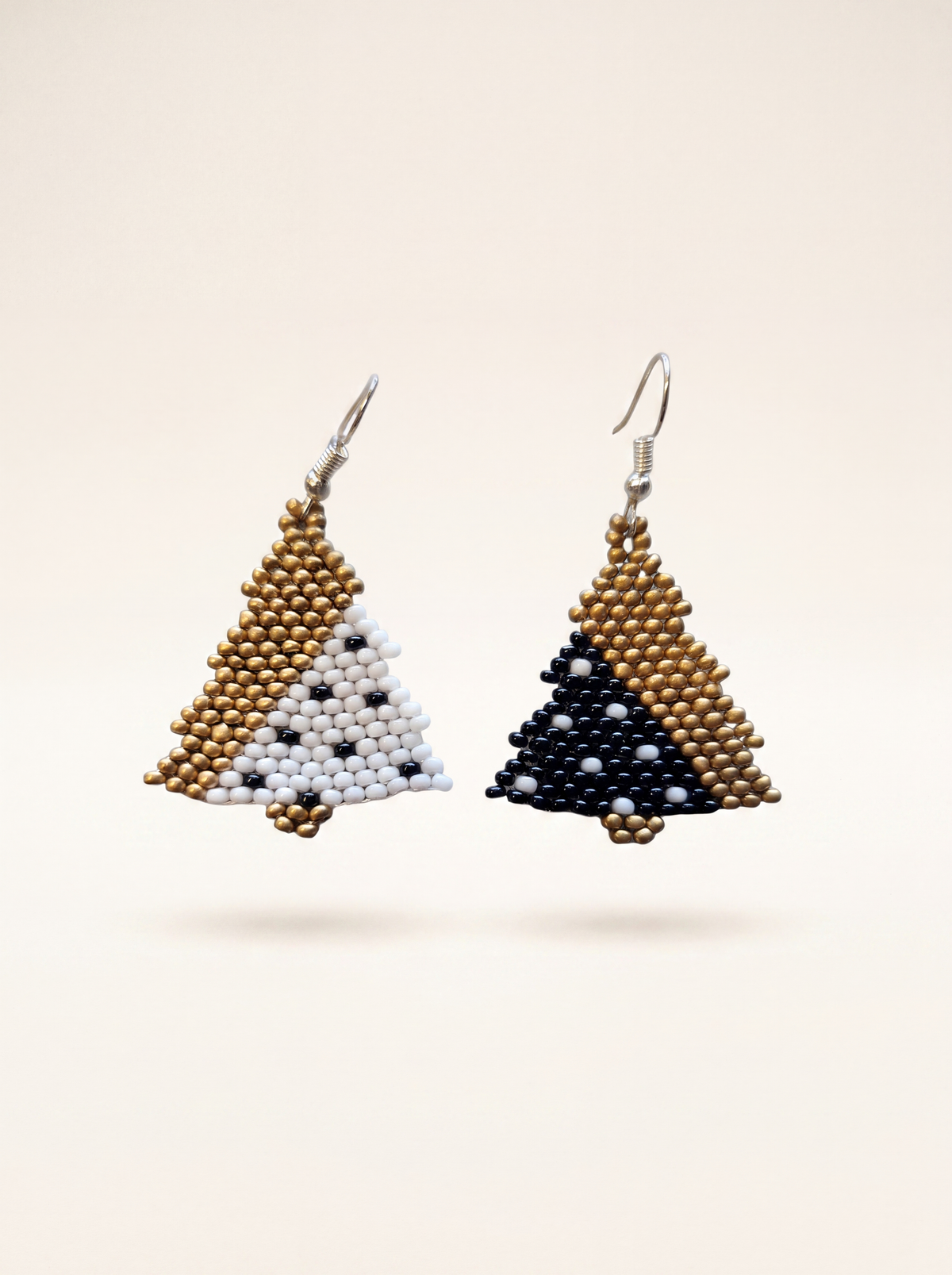 Christmas tree beaded earrings handmade with gold, white and black glass seed beads