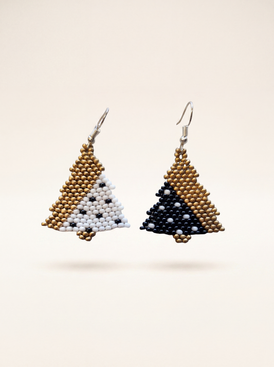 Christmas tree beaded earrings handmade with gold, white and black glass seed beads