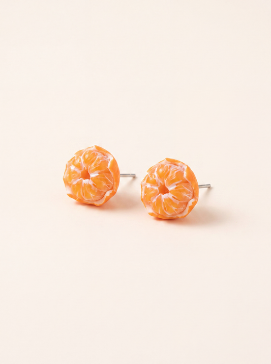 Peeled Tangerines stud earrings handmade from polymer clay, miniature orange citrus on steel posts