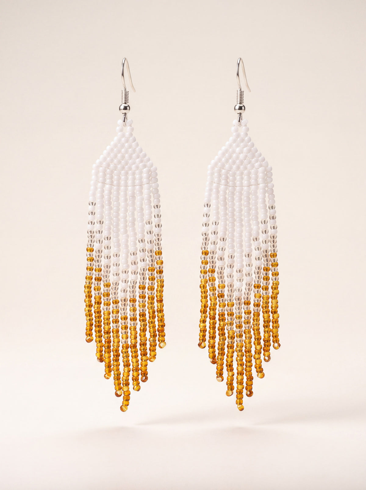 Geometry White & Gold earrings, handmade beaded fringe in white, clear and amber glass seed beads