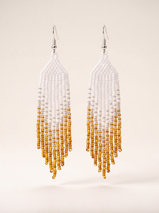 Geometry White & Gold earrings, handmade beaded fringe in white, clear and amber glass seed beads