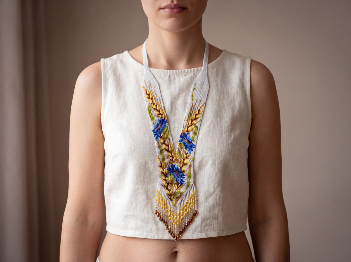 Handmade Ukrainian beaded gerdan necklace with wheat ears and blue cornflowers on white, worn over a cream linen top with amber drop fringe.
