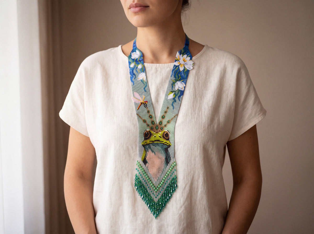 Handmade beadwoven frog prince gerdan necklace with crowned frog, water lilies and dragonfly, worn over a white linen top with green fringe.