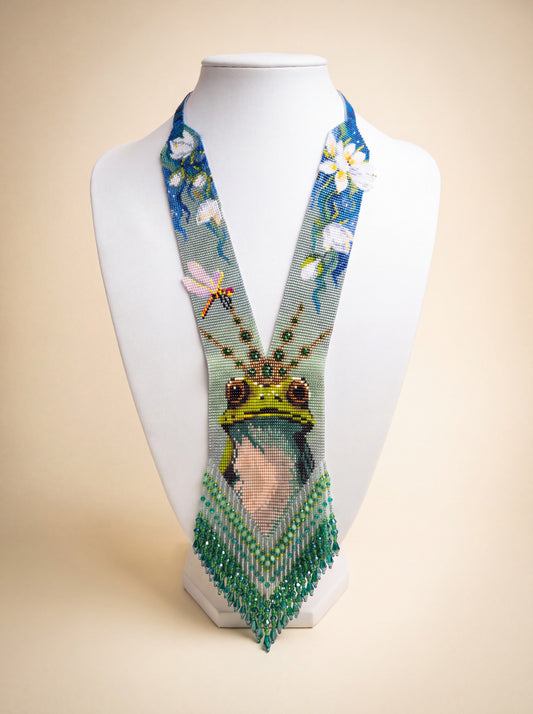 Handmade beaded "Frog" necklace L with lily flowers, dragonfly motif, and green fringe tassels