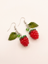 Raspberry earrings handmade from polymer clay with red berries, green leaves and crystal beads