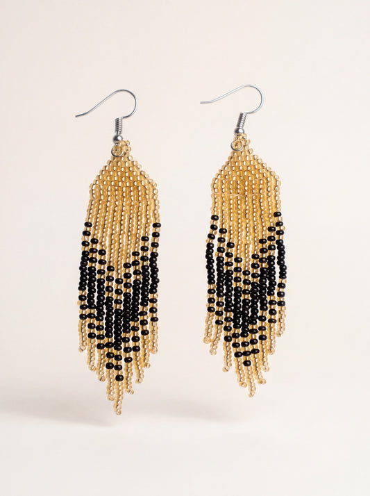 Geometry Black & Gold earrings, handmade beaded fringe in gold and black glass seed beads