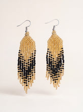 Geometry Black & Gold earrings, handmade beaded fringe in gold and black glass seed beads