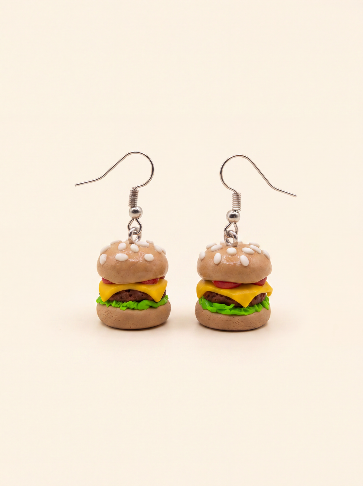 Hamburger earrings handmade from polymer clay, mini cheeseburgers with lettuce and tomato